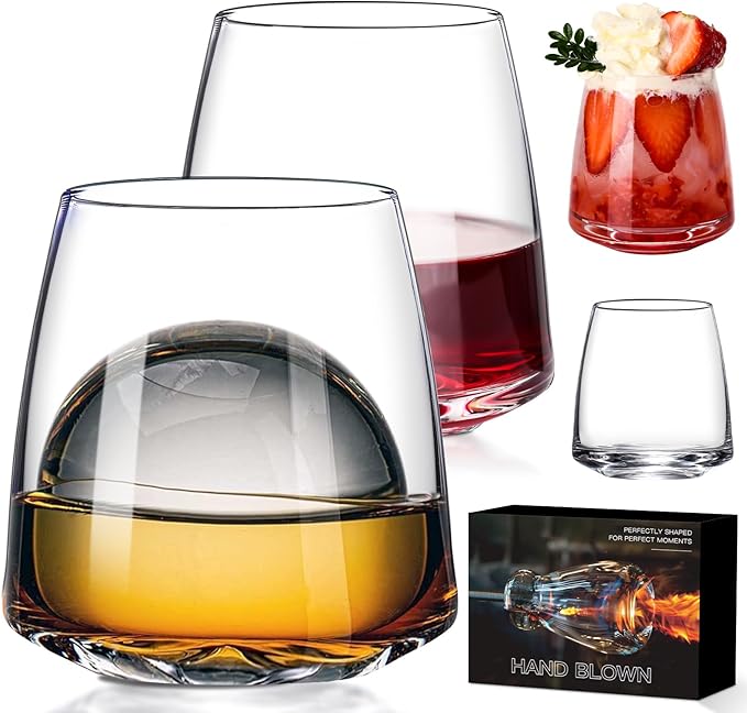 Stemless Wine Glasses Set of 4-14.5oz Hand Blown Heavy Red White Wine Glasses Unique gifts for him/her wedding, birthday, Mother's/father's day, anniversary