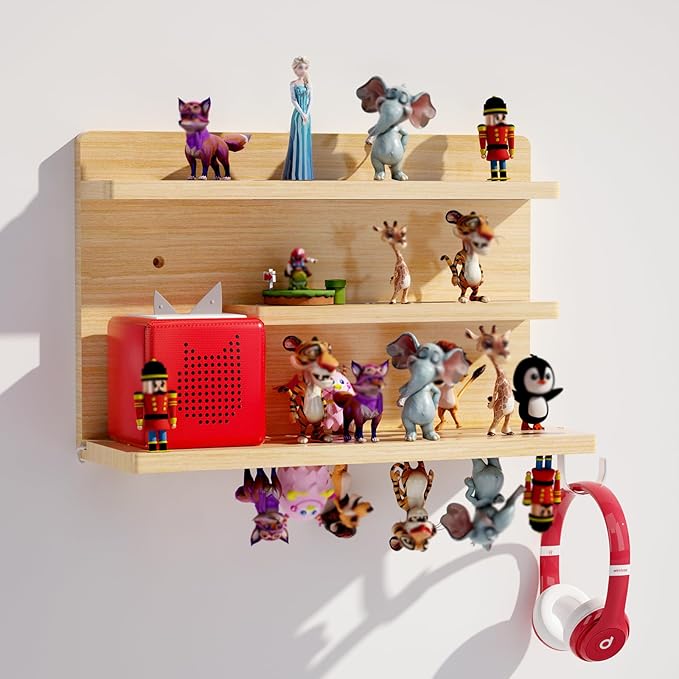for Tonies Shelf Magnetic - Tonies Figure Organizer for Kids Room, Wooden Magnetic Display Shelf for Tonies Box Holder, Wall Floating Shelves Toy Storage Compatible Charging Station (3 Tier, Wood)