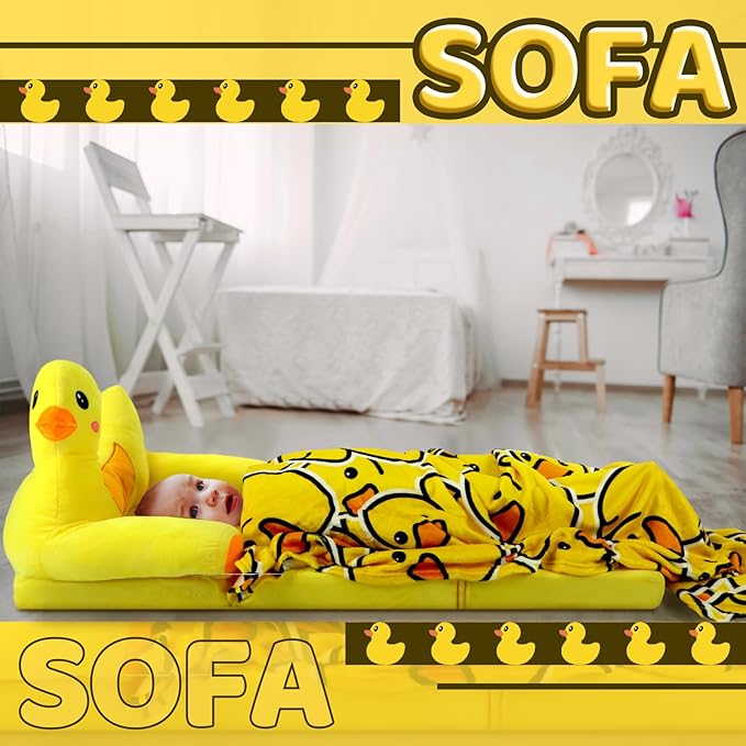 Duck Kids Couch Fold Out 2-in-1 Toddler Sofa Fold Out with Blanket, Soft Toddler Chair Comfy for Boys Girls Baby, Convertible Sofa to Lounger for Napping Reading Playing Christmas, Yellow