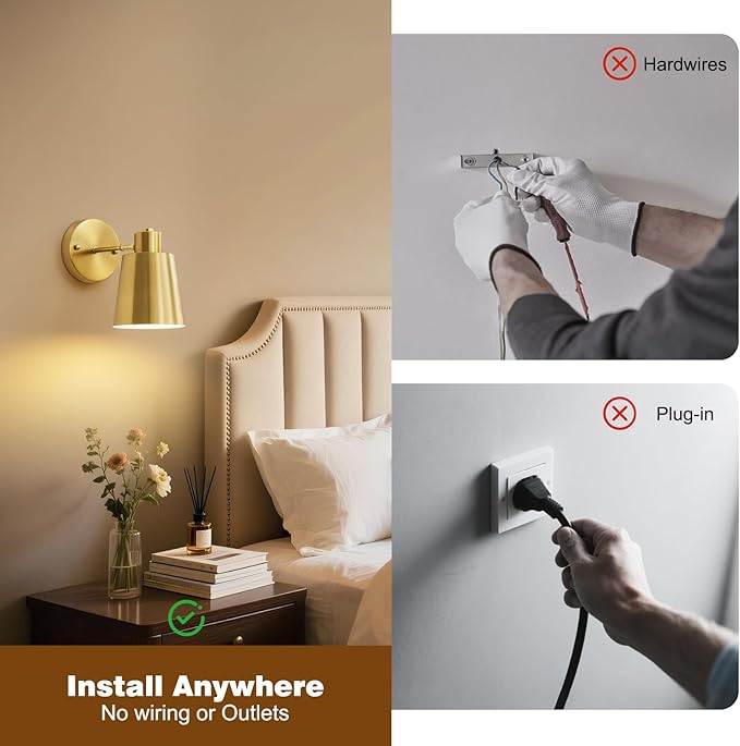 Gold Battery Operated Wall Sconces Set of Two with Remote, Rechargeable Battery Powered Wall Lights, 3 Color Temperature, Dimmable, Modern Wireless Wall Lamps for Bedroom Living Room Hallway