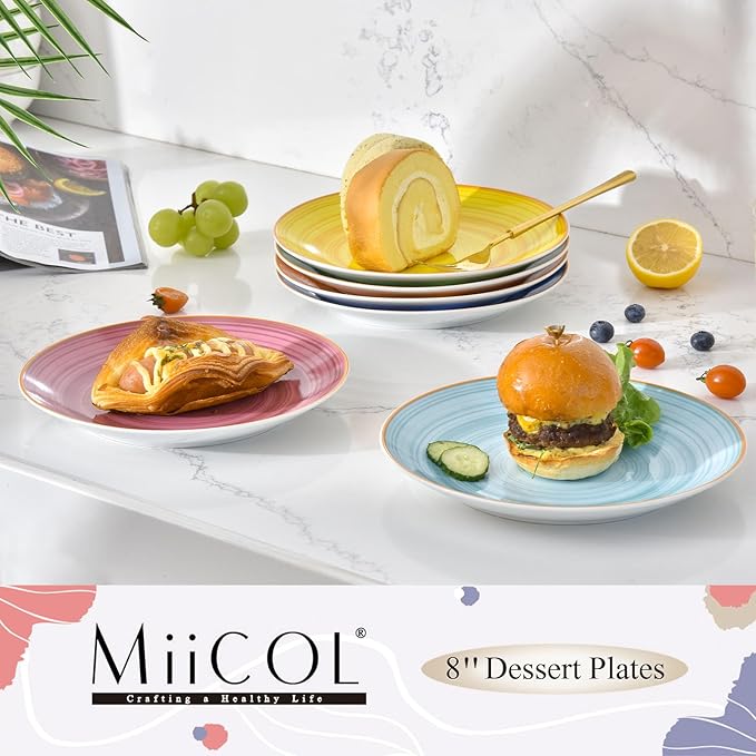 Miicol Ceramic Dessert Plates Set of 6, Colorful Appetizer Plates 8 Inch, Stackable Salad Dishes, Small Dinner Plates, Durable Dinnerware for Kitchen, Party, Wedding, Microwave and Dishwasher Safe