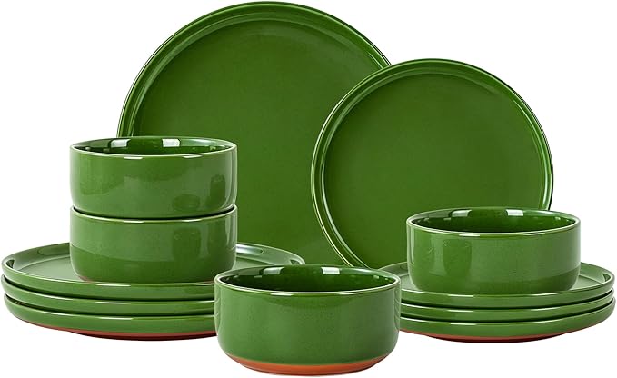 GZG Modern Art Series - 12 Pcs Speckled Stoneware Plates and Bowls Sets, Ceramic Dinnerware Set with Rustic Terracotta Underside, Microwave and Dishwasher Safe Handcrafted Dishes Set - Verdant Green