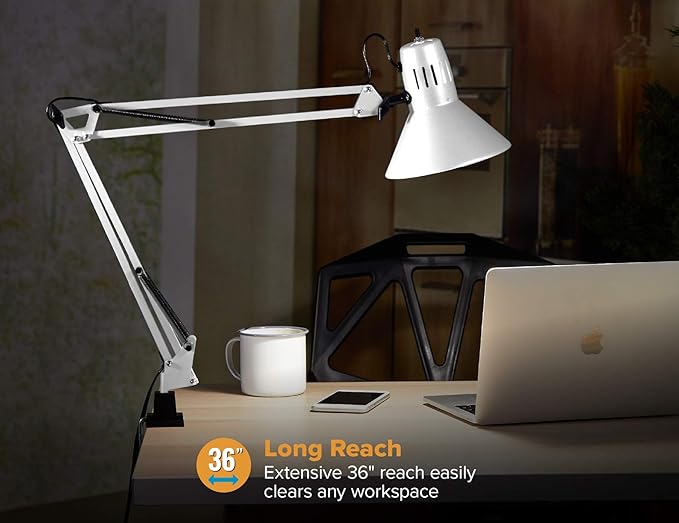 Bostitch Office VLF100-WHT Swing Arm Desk Lamp with Clamp Mount, 36" Reach with Multi-Joint Adjustment, Includes Replaceable LED Bulb (VLF), White