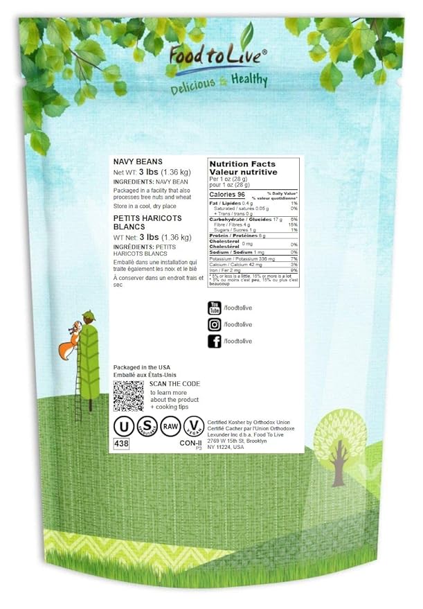 Food to Live Navy Beans, 3 Pounds Raw, Dried, Vegan, Kosher, Whole Small White Kidney Beans in Bulk, Good Source of Protein, Fiber, Folate, and Copper. Low Sodium. Great for Cooking and Soups