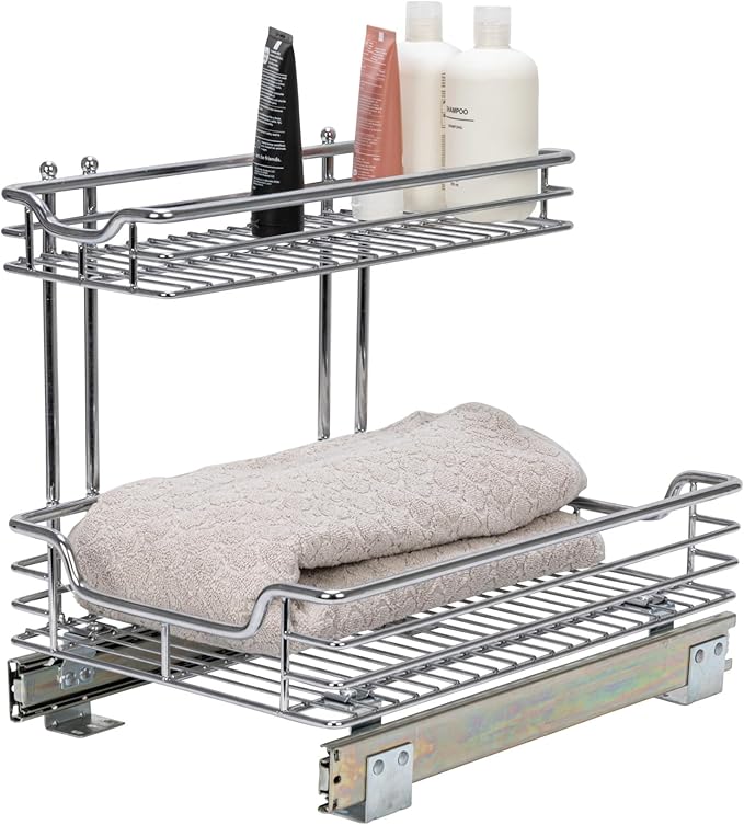 Household Essentials Glidez Multipurpose Chrome-Plated Steel Pull-Out/Slide-Out Storage Organizer for Under Sink or Under Cabinet Use - 2-Tier Design - Fits Standard Size Cabinet or Shelf, Chrome