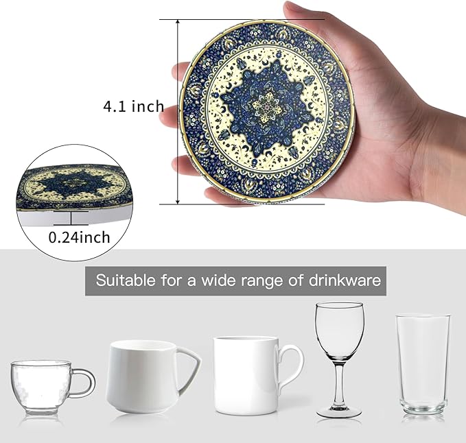 Coasters Absorbent Ceramic Coaster Drink Coasters with Cork Back Persian Pattern Set of 6 Round Coaster Non Slip for Coffee Table Wine Glass Home Bar 4 Inch, Colorful
