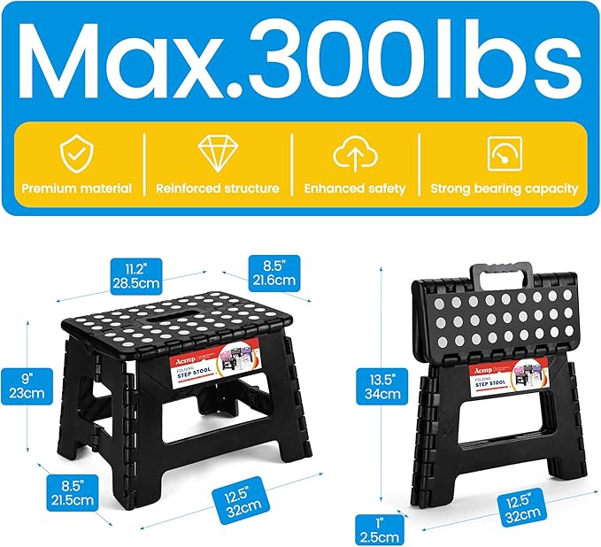 ACSTEP Folding Step Stool 9'' Tall Kids Step Stool Holds Up to 300 lb Plastic Foldable Step Stools for Kids Non-Slip Surface with Carry Handle Collapsible Stool for Home, Outdoor and Indoor(Black)