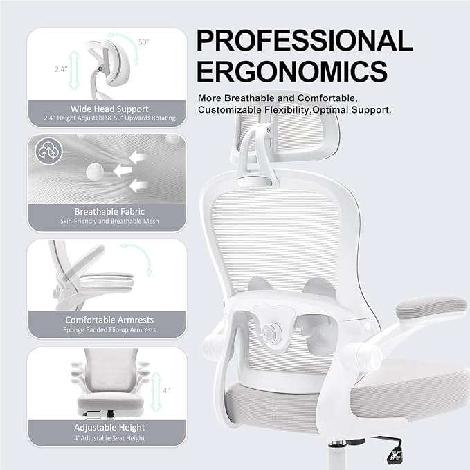 Ergonomic Office Chair,Ultra Thick Office Desk Chair with Adjustable Lumbar Support and Headrest,Spring Cushion,Rocking Function,Flip-up arms,Mesh Computer Chair for Home Office,Grey