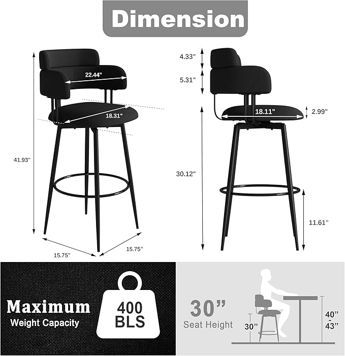Swivel Bar Stools Set of 2, Counter Height Bar Stools with Ergonomic Full Back, Upholstered Linen Fabric Barstools with Chrome Metal Footrest for Kitchen Island, Dining Room