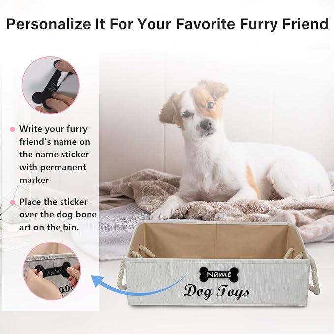 Trapezoid Fabric Dog Toy Basket with Rope Handle - Storage Organizer for Pet Toys - Personalizable - Beige