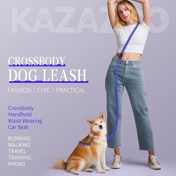 Kazazoo Hands-Free Dog Leash Adjustable Length 5-8 Ft, Waist for Dog Walking, Running for Small &Medium Dogs with Reflective Strips, Ballistic Nylon, Waist Belt, Lightweight Blue