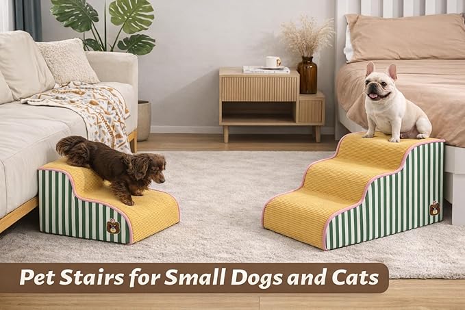Dog Steps for Small Dogs, Dog Stairs for Bed, Curved Pet Stairs for Puppy and Cat, Doggie Ladder with Washable Cover, Pet Ramp for Sofa, Non-Slip Pet Stairs for Indoor Use(2 Step)