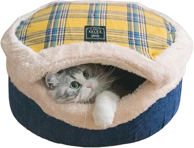 Cat Cave Bed ??Plush, Warm & Calming Hideaway with Detachable Lid & Mat, Covered House for Indoor Kitten & Kitty (Yellow)