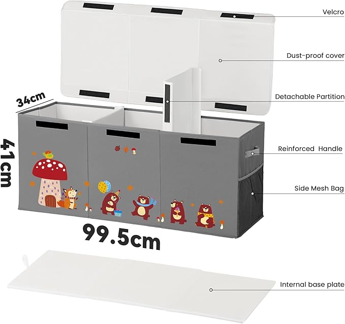 120L Large Toy Storage Box with Lid, Extra Large Toy Box Chest, Large Toy Box for Kids, Girls and Boys, Nursery Room and Living Room, 40"x13" x16" (grey-bear)