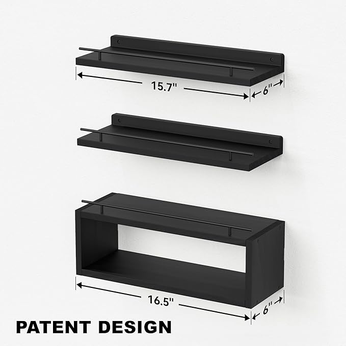 WOPITUES Floating Shelves for Wall with Cube Shelf, Wall Shelves with Metal Rail for Bathroom Decor, Bathroom Organizers and Storage, Over Toilet Shelves for Toilet Paper-Black