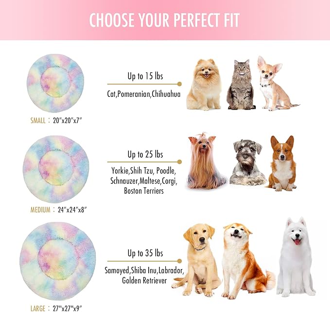 Anti Anxiety Round Fluffy Plush Faux Fur Warm Washable Dog Bed & Cat Bed, Original Bed for Small Medium Large Pets,Used to Relieve Joints and Improve Sleepï¼?0"/24"/27''ï¼?(24", Rainbow)