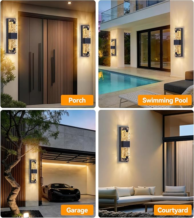 HITTO Porch Lights Outdoor, Dusk to Dawn Outdoor Lighting 15.6'' Outdoor Wall Sconce, IP65 Waterproof LED Exterior Lamp, Ripple Crystal Glass, Black&Gold Modern Porch Light for House Front Door 1 Pack
