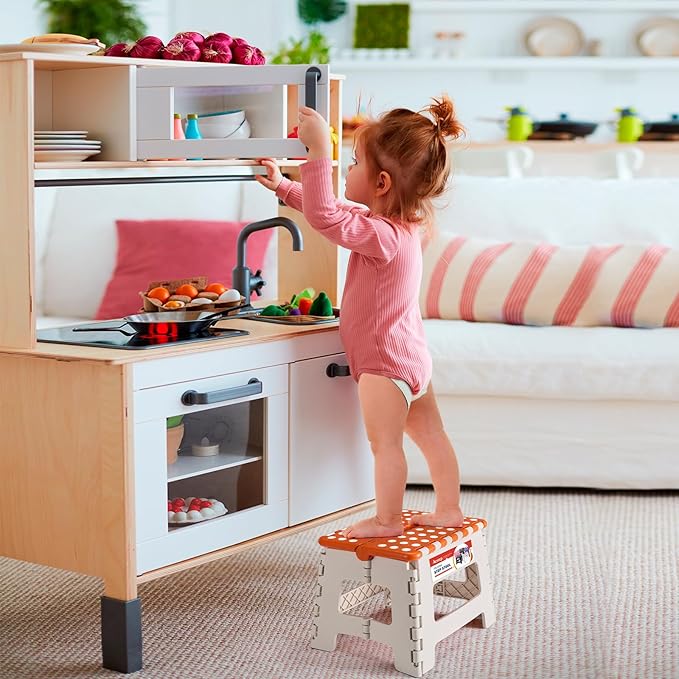 ACSTEP 9 Inch Folding Step Stool 300 LB Capacity Plastic Foldable Step Stools for Kids and Adults, Folding Stool Suitable for Kitchen, Stepping Stool with Handle Bicolor Orange Small Step Stool 1PC