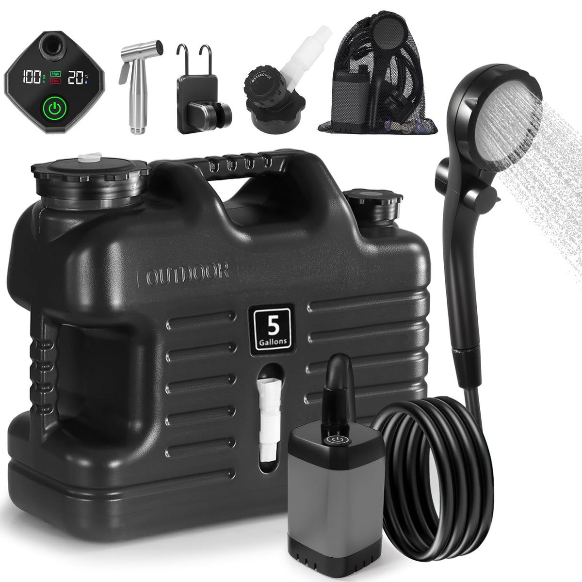 Portable Camping Shower with 5 Gallon Water Jug, 6000mAh Rechargeable Outdoor Camping Shower Kit, IPX7 Waterproof Pump BPA Free Water Containers Camp Essentials Black