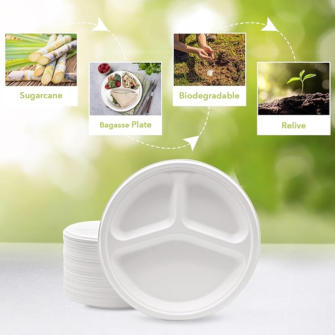 three leaf 9" 3 COMPARTMENT BAGASSE ROUND PLATE, 50 Ct. Heavy-Duty- Super Strong- Natural- Eco-Friendly Disposable Bagasse Plates, 100% Biodegradable 9 inch 3 compartment plates