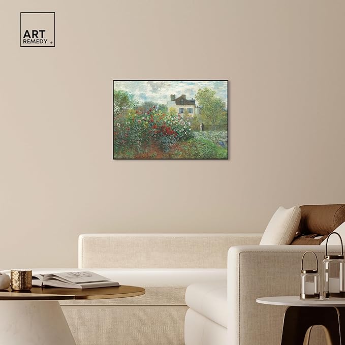 Art Remedy Monet-Garden With Dahlias Impressionism Classic Landscape Paintings Canvas Wall Art, Black Floater Frame, 36"x54"