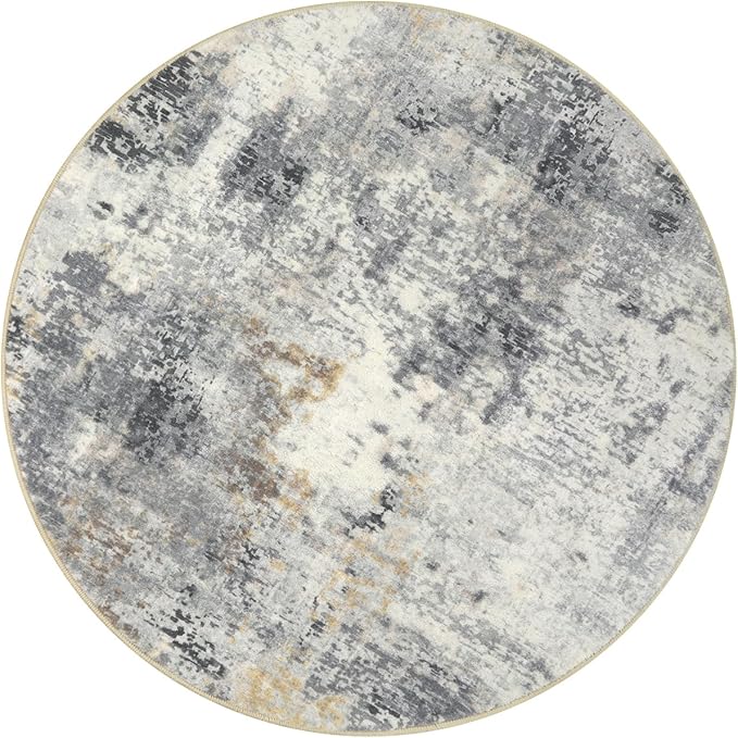 Lahome Modern Abstract Round Rug - 3Ft Small Washable Kitchen Round Area Rug Bedroom 3x3 Circle Mat, Soft Low Pile Non Slip Indoor Throw Carpet for Cabinet Bathroom Home Office, Grey