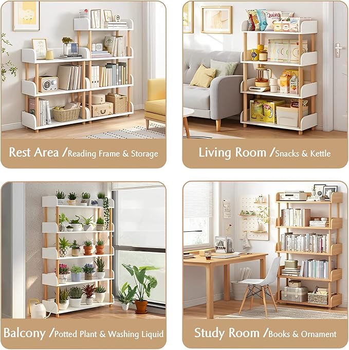5-Tier Wooden Open Bookcase - Modern Display Bookshelf with Top Edge and Solid Wood Frame for Home and Office, Storage Cabinet, Warm White