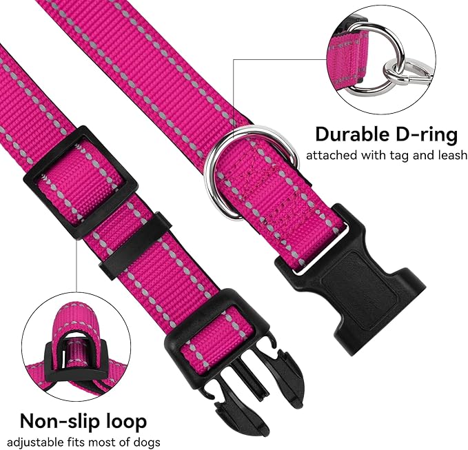 Reflective Dog Collar for Mediunm Dogs, Adjustable Collar with Soft Neoprene Padded, Durable Buckle for Daily Walking,Hotpink,M, 3/4" Width