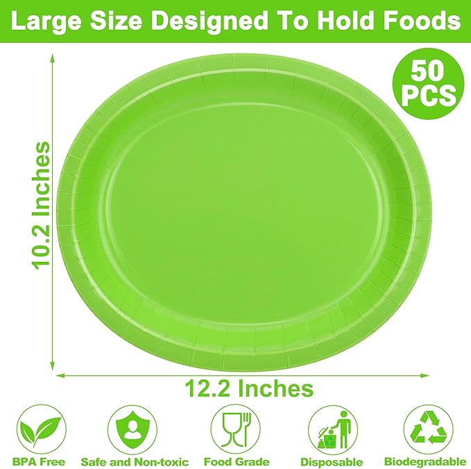 QZYL 50 Pcs Party Decorations, 12.2'' X 10.2'' Oval Large Paper Plates, Lime Green Disposable Paper Plate Heavy Duty Daily Dinner Plates for Birthday Party Wedding Picnic Holiday