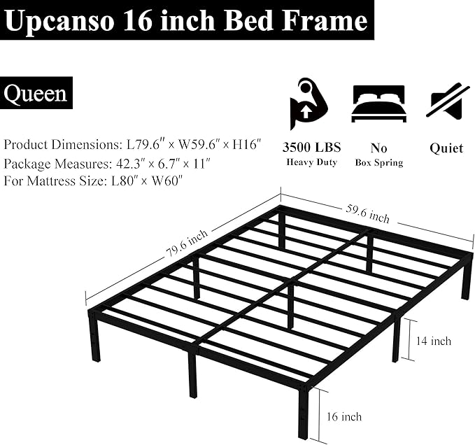16 Inch Queen Bed Frame No Box Spring Required, Metal Platform Queen Size Bed Frames with 14 Inch Storage, 3,500 lbs Heavy Duty Steel Slats Support, Easy Assembly Mattress Foundation