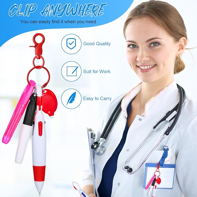 Chinco 30 Pcs Retractable Shuttle Pen Clip with Mini Highlighter Nurse Badge Pen Neon Marker LED Keychain Ring Clip