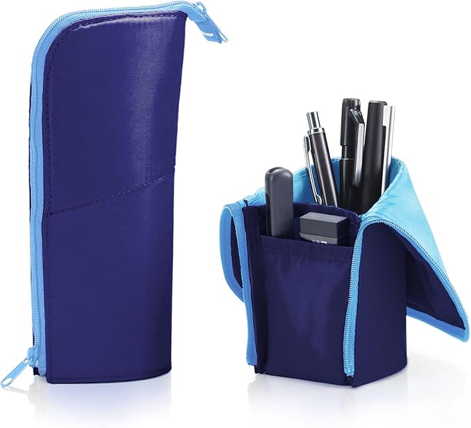KOKUYO Pencil Case Pouch, Neo Critz Standing Pen Pouch Bag, Foldable Stand up Pencil Holder Organizer, Small Portable Pencil Box for School Office Supplies, Navy x Light Blue, Large Size (F-VBF181-2)