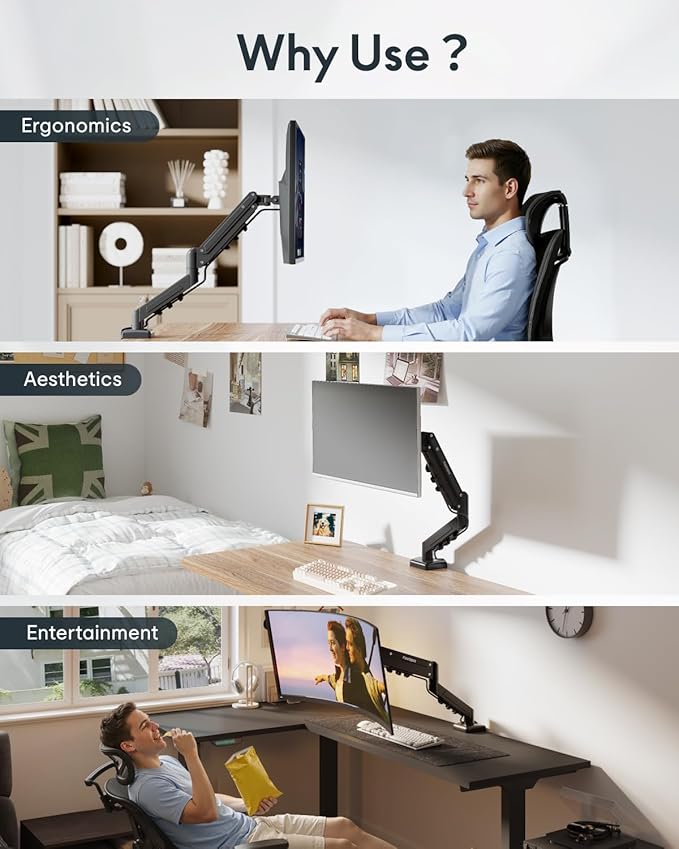 Flexispot Single Monitor Arm, 17-32 Inch Monitor Mount up to 19.84 lbs, Fast Install VESA Mount for Home Office Gaming, Full Adjustable Gas Spring with C-Clamp and Grommet Base, Black