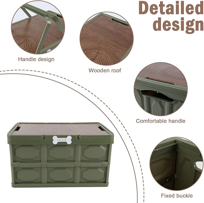 Outdoor Dog Toy Bin wtih Handles,Collapsible Dog Stuff Organizer Portable,Pet Storage Basket with Wood Cover for Dog Toys/Snack/Camping Essentials,Ideal for Car Trunk,RV Trip,Picnic-Green