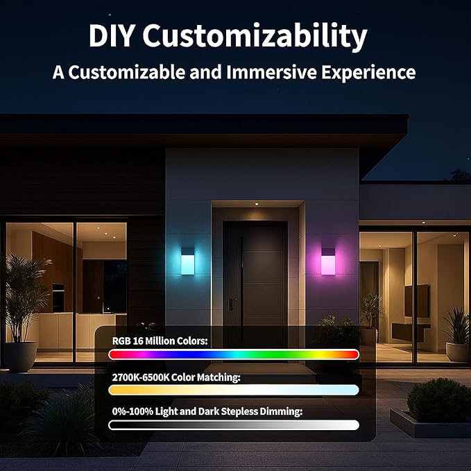 Outdoor Wall Lights RGB, 1500LM Smart Exterior Porch Sconces Wall Mounted Lighting, IP65 Waterproof, DIY Lighting for Garden, Garage and Patio - Ideal for Festivals The Christmas and Parties, 2 Pack