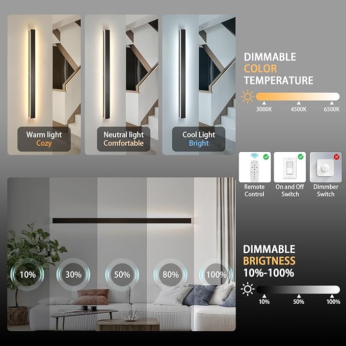 Long Modern LED Wall Lights,2 Pack 47inch Dimmable Linear Outdoor Wall Sconce,Black Waterproof IP65 Outdoor House Lights Wall Mount,Garage Lighting fixtures for House,Porch