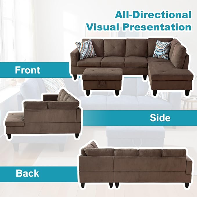 Couches for Living Room Modern L Shaped Couch Comfy Sackcloth Fabric 3 Pieces Sectional Sofa with Chaise, Ottoman with Storage for Office and Small Apartment, Brown