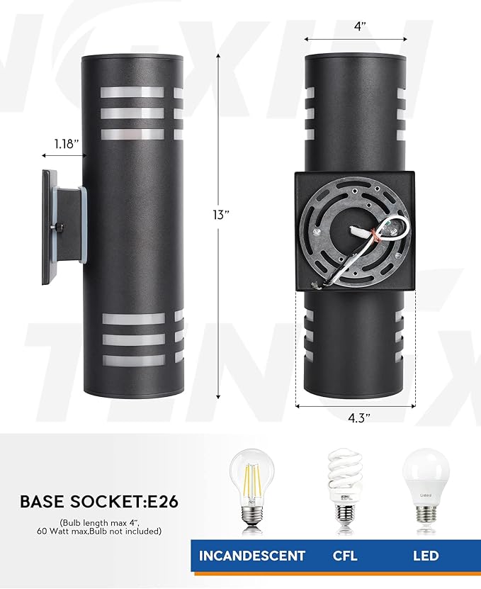 TENGXIN Outdoor Wall Light,Up and Down Cylinder Patio Porch Light,Stainless Steel 304 and Toughened Glass,Black Finished,IP 65 Waterproof