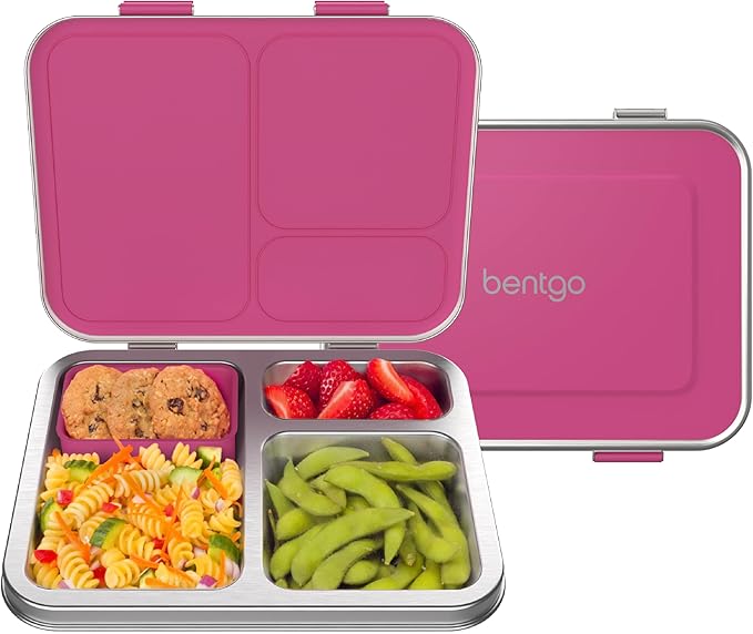 Bentgo Kids Stainless Steel Leak-Resistant Lunch Box - 3-Compartments with Bonus Silicone Container, Durable, Eco-Friendly, Dishwasher Safe, BPA-Free, Ideal for School, Ages 3+ (Fuchsia)