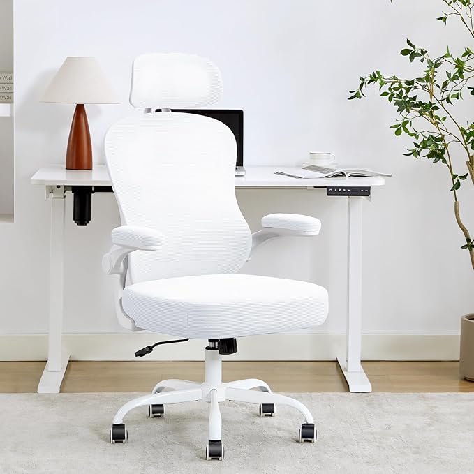 Ergonomic Office Chair,Ultra Thick Office Desk Chair with Adjustable Lumbar Support and Headrest,Spring Cushion,Rocking Function,Flip-up arms,Mesh Computer Chair for Home Office,White