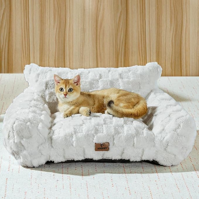 Cat Bed Cats Couch for Puppy and Kitten, Fluffy Pet Couch Small Dog Sofa Bed, Supportive Cat Sofa for Indoor Cats, Washable Cover & Non-Slip, 26 inch, White