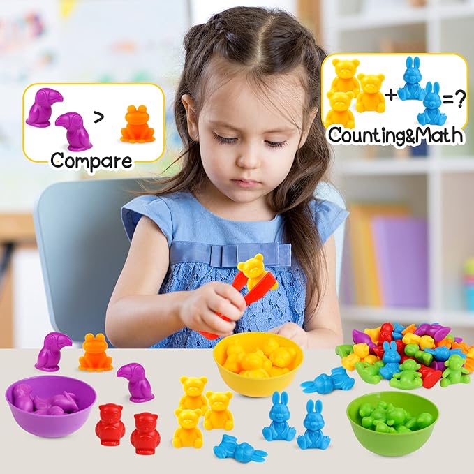 Counting Animals Color Sorting Matching Games with Sorting Bowls Montessori Sensory Early Educational Toys Learning Fine Motor Skill & Counting Math Toys Gift for 3 4 5 Year Old Boys Girls