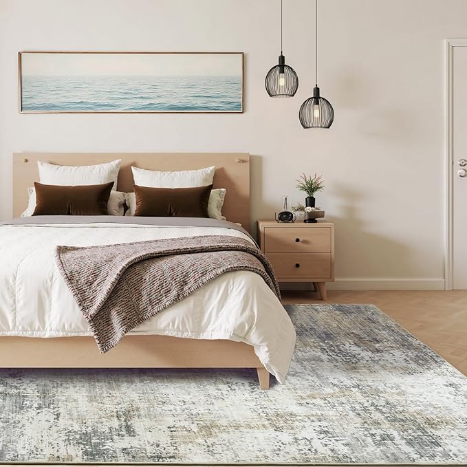 5x7 Area Rugs, Neutral Machine Washable Rugs for Living Room, Abstract Modern Soft Non-Slip Thin Print Floor Carpet for Bedroom Kids Room, Brown Tan