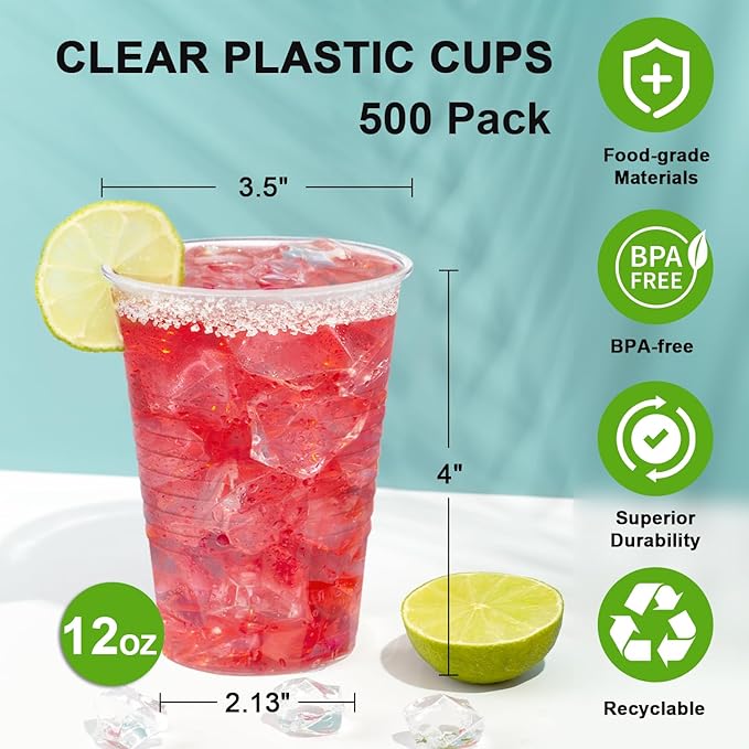 12 oz Clear Plastic Cups 300 Pack, Disposable Cups,Party Drinking Cup, Cups for Party, Graduation, Travel, Holiday, Events