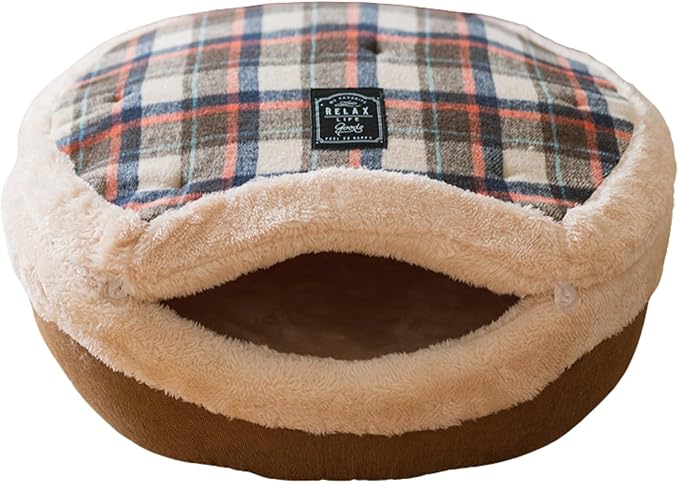 Cat Cave Bed ??Plush, Warm & Calming Hideaway with Detachable Lid & Mat, Covered House for Indoor Kitten & Kitty (Brown)