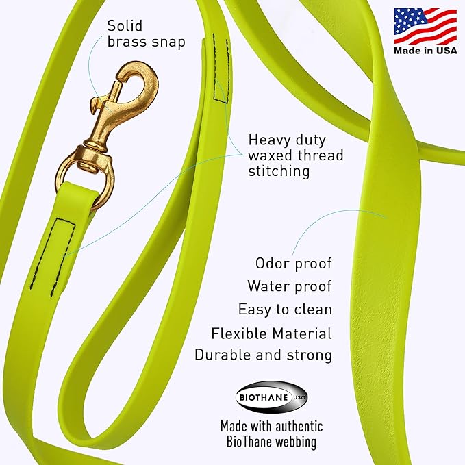 Viper Biothane K9 Working Dog Leash Waterproof Lead for Tracking Training Schutzhund Odor-Proof Long Line with Solid Brass Snap for Puppy Medium and Large Dogs, 20ft Safety Yellow