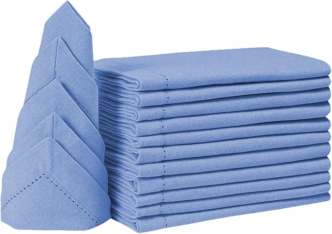 Bedding Craft Cotton Cloth Dinner Napkins Set of 12 – 18x18 Water Blue Hemstitched – Soft Durable Machine Washable Fabric Napkins for Weddings, Christmas, New Year & Everyday Dining