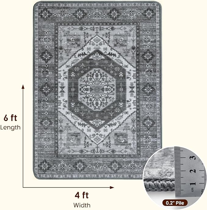 LBRO2M Boho 4X6 Rug Washable Rugs for Bedroom Non Slip Indoor Carpst, Soft Low Piles Rug Dark Gray Foldable Rugs for Living Room Pet Friendly Area Rugs Stain Resistant (4'X6' Dark Gray)