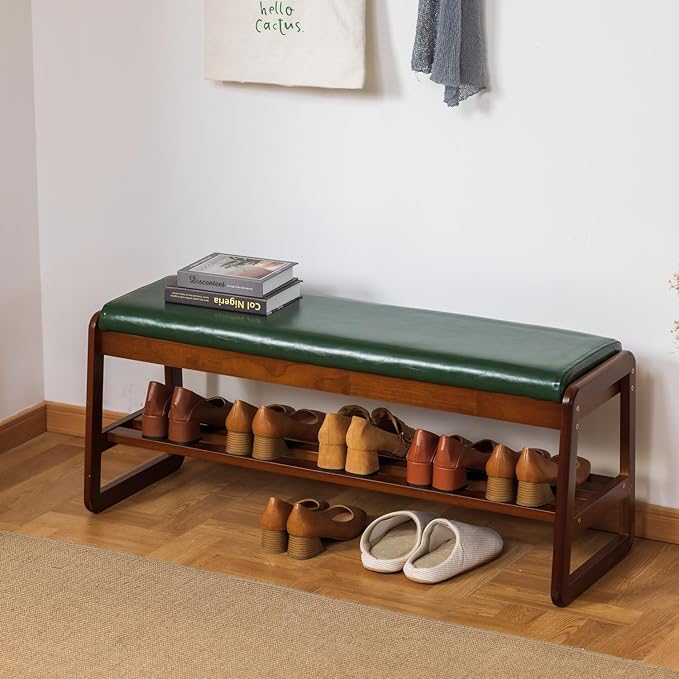 Shoe Rack Bench, Solid Wood Entryway Bench with Flip-Open Storage Box for Entry, Hallway (Green-39.4")