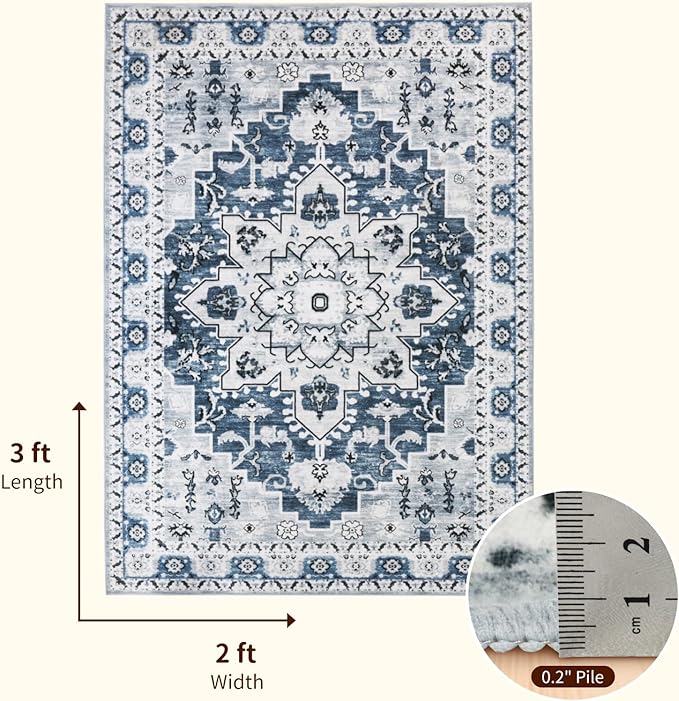 LBRO2M Rug for Entryway Indoor 2X3 Washable Rug Boho Design Door Carpet Throw Rugs for Kitchen Bathroom Non Slip Pet Friendly Area Rugs (2X3, Light Blue)